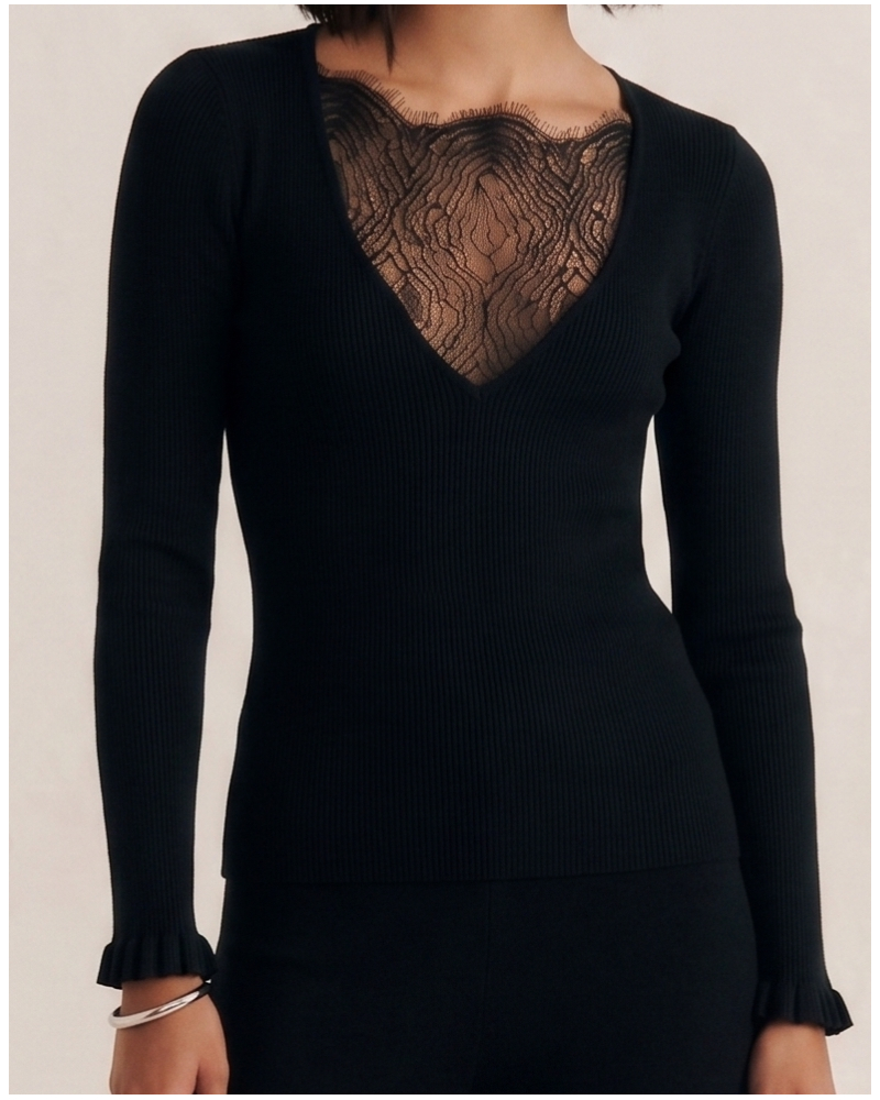 Long-sleeve wool and silk top with Chantilly lace Oscalito 7817 (Black)