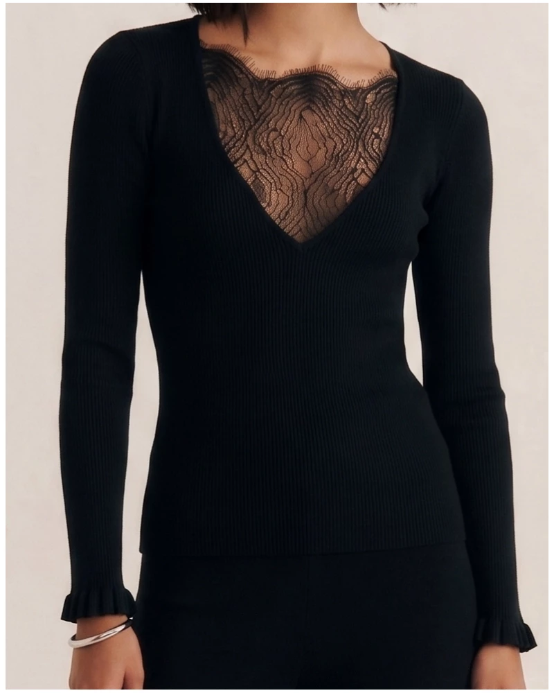 Top manches longues laine et soie en dentelle Chantilly Oscalito 7817 (Noir)