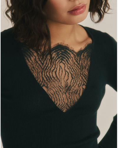 Long-sleeve wool and silk top with Chantilly lace Oscalito 7817 (Malachite)