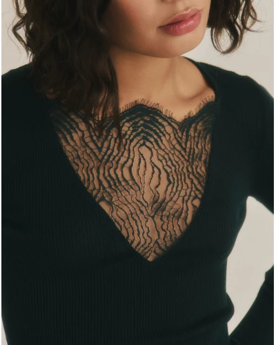 Top manches longues laine et soie en dentelle Chantilly Oscalito 7817 (Malachite)