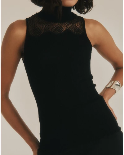 Sleeveless ribbed wool and silk top with Chantilly lace Oscalito 7815 (Black)