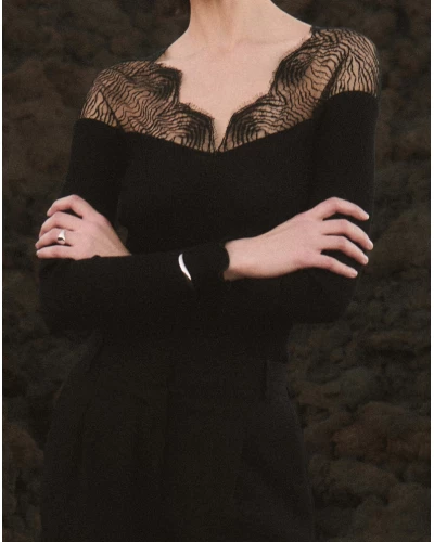 Long-sleeved wool and silk lace top Oscalito Chantilly 7818 (Black)