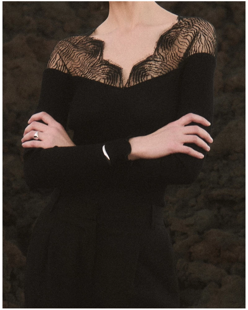 Top manches longues laine et soie en dentelle Oscalito Chantilly 7818 (Noir)