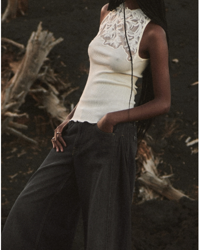 Sleeveless ribbed wool and silk top lace Oscalito 7820 (Champagne)