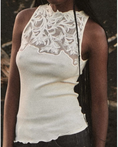 Sleeveless ribbed wool and silk top lace Oscalito 7820 (Champagne)