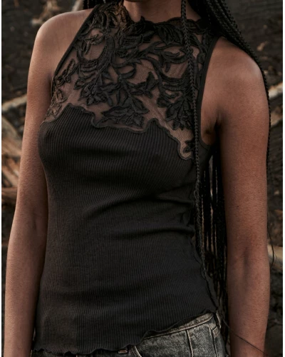 Sleeveless ribbed wool and silk top lace Oscalito 7820 (Black)