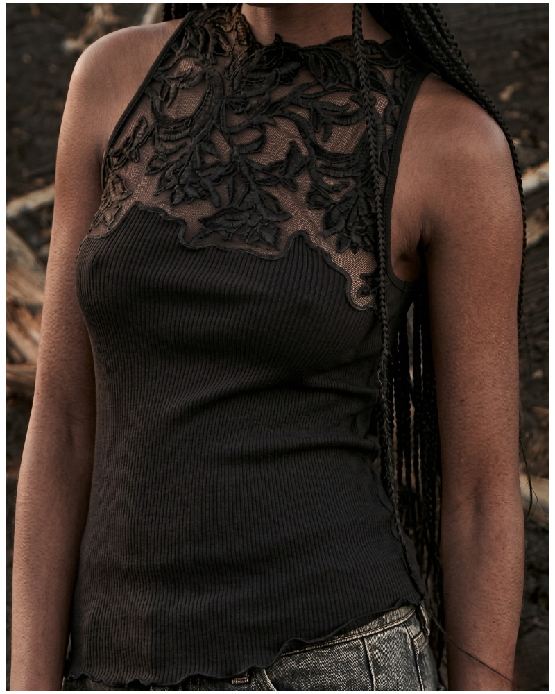 Sleeveless ribbed wool and silk top lace Oscalito 7820 (Black)