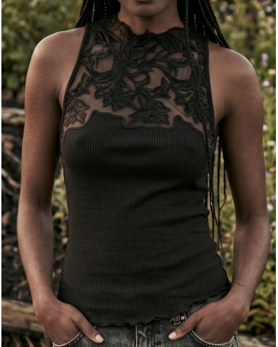 Sleeveless ribbed wool and silk top lace Oscalito 7820 (Black)
