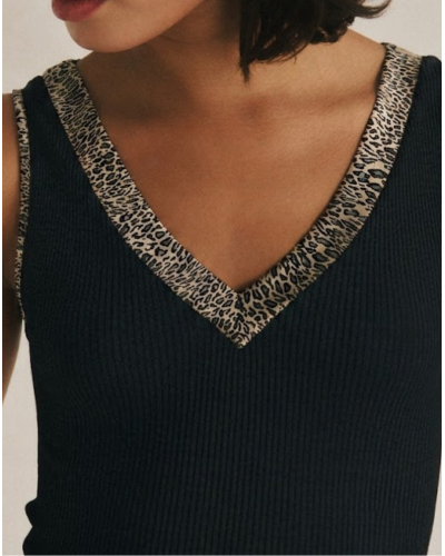 Sleeveless ribbed wool and silk top with satin trim Oscalito 4247 (Noir/Animal)