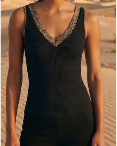 Sleeveless ribbed wool and silk top with satin trim Oscalito 4247 (Noir/Animal)
