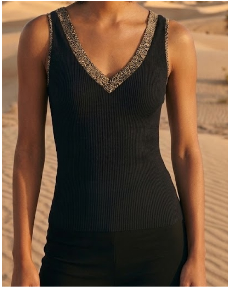 Sleeveless ribbed wool and silk top with satin trim Oscalito 4247 (Noir/Animal)