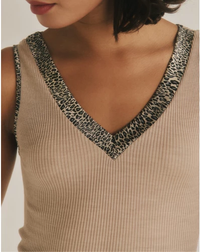 Top sans manches côtelé laine et soie satin Oscalito 4247 (Beige/Animal)
