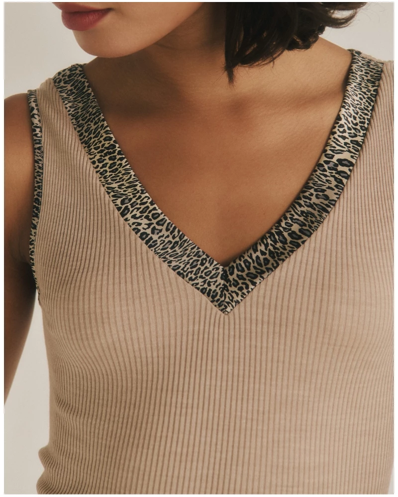 Top sans manches côtelé laine et soie satin Oscalito 4247 (Beige/Animal)