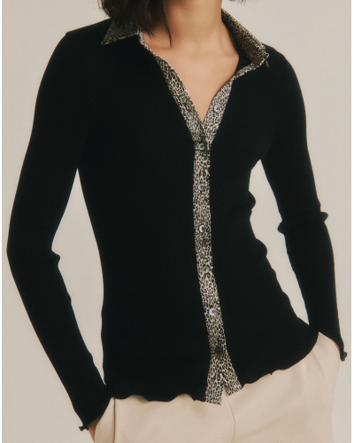 Blusa de canalé lana y seda borde de satén Oscalito 6350 (Noir/Animal)