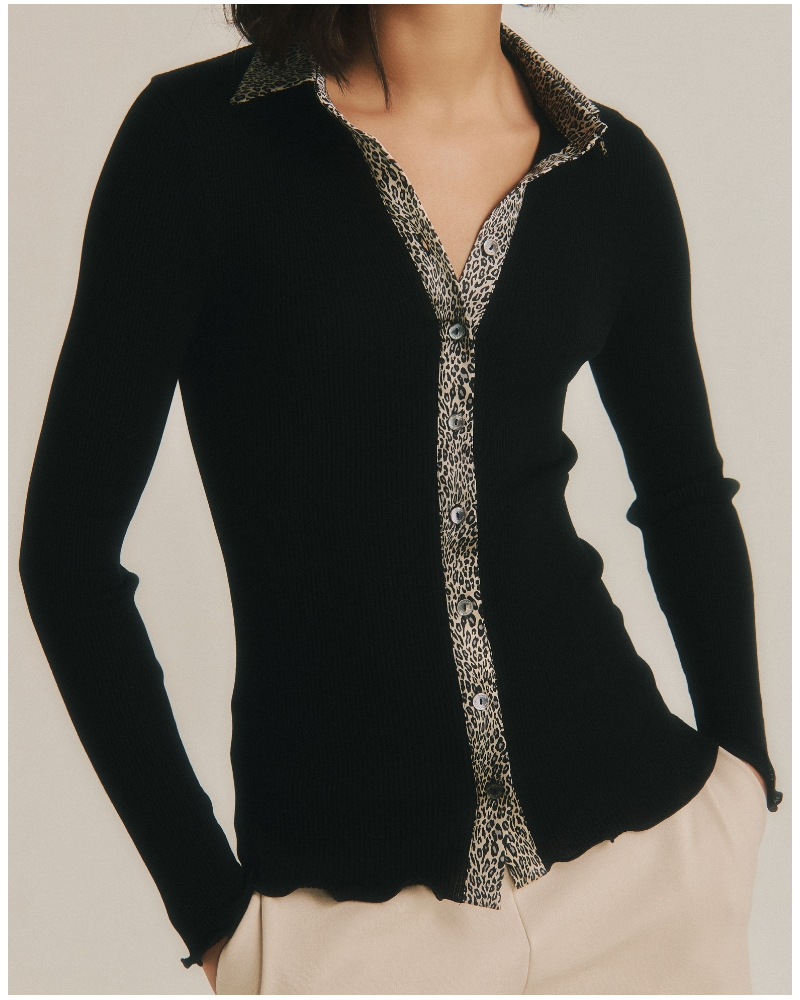 Blusa de canalé lana y seda borde de satén Oscalito 6350 (Noir/Animal)