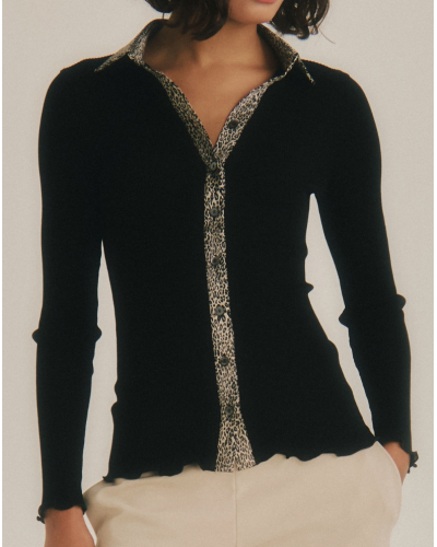 Blusa de canalé lana y seda borde de satén Oscalito 6350 (Noir/Animal)