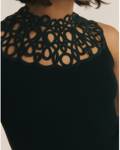 Sleeveless ribbed wool and silk top macramé Oscalito 7827 (Black)