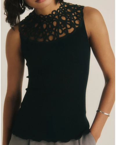 Sleeveless ribbed wool and silk top macramé Oscalito 7827 (Black)