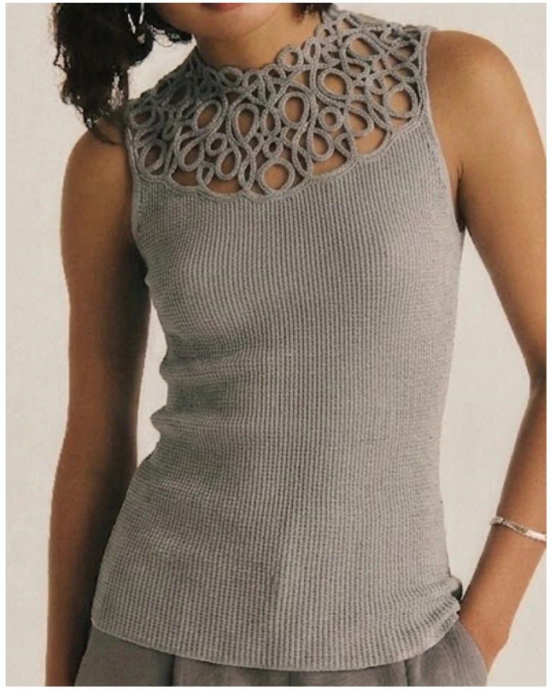 Sleeveless ribbed wool and silk top macramé Oscalito 7827 (Gris)