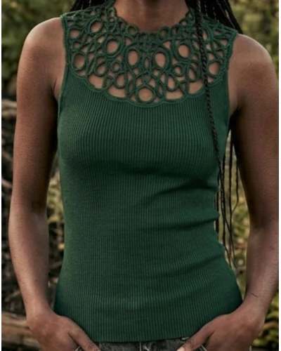 Sleeveless ribbed wool and silk top macramé Oscalito 7827 (Malachite)