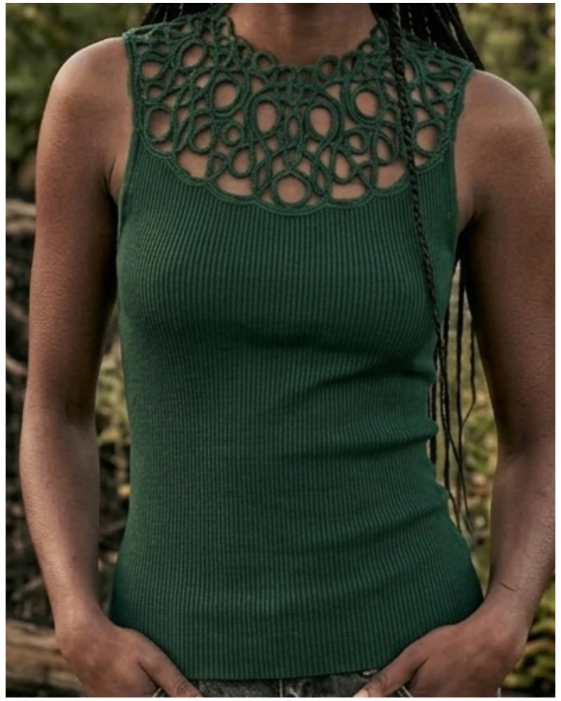 Sleeveless ribbed wool and silk top macramé Oscalito 7827 (Malachite)