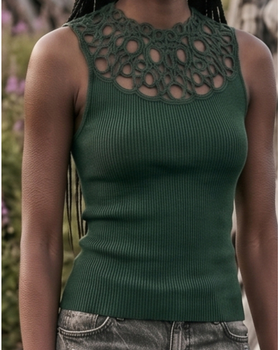Top sans manche côtelé laine et soie Macramé Oscalito 7827 (Malachite)