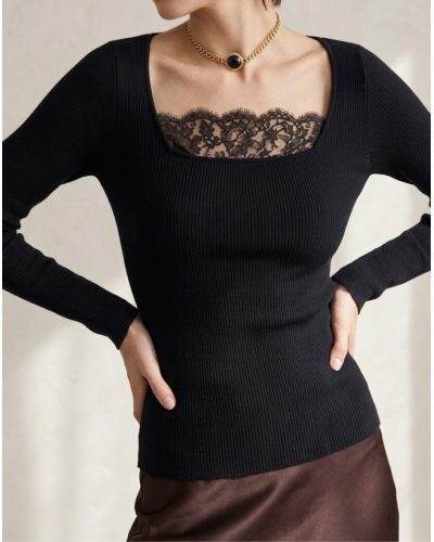 Top acanalado mangas largas lana y seda encaje Oscalito Chantilly 7848 (Negro)