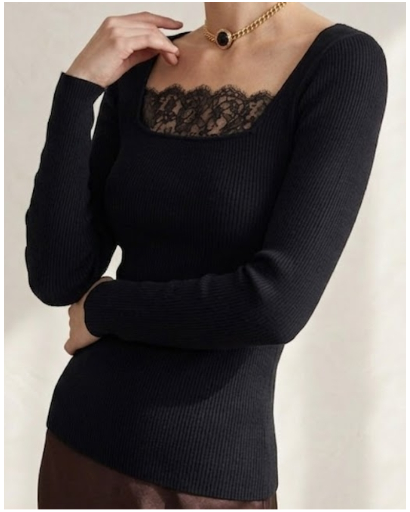 Top acanalado mangas largas lana y seda encaje Oscalito Chantilly 7848 (Negro)