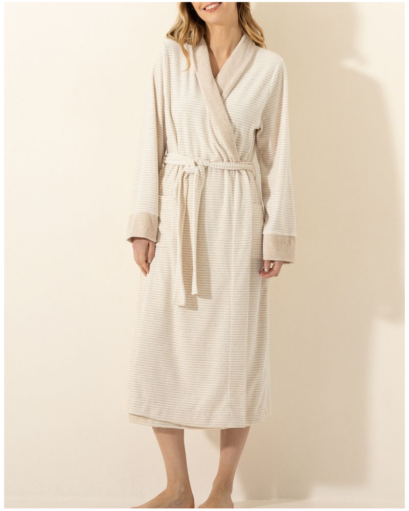 Cotton Velour Bathrobe Le Chat Pilate (Beige chiné/Ecru)