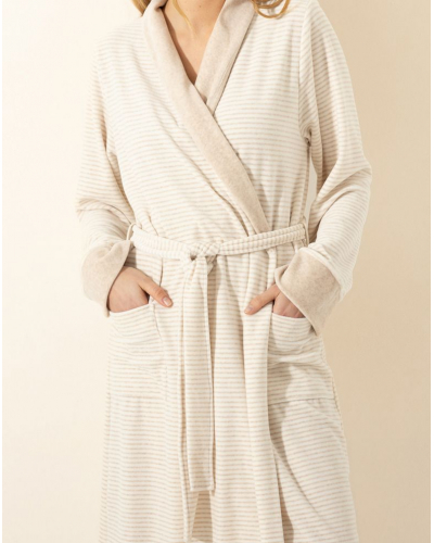 Cotton Velour Bathrobe Le Chat Pilate (Beige chiné/Ecru)