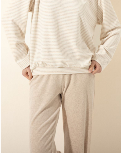 Pyjama Velours coton Le Chat Pilate (Beige chiné/Ecru)