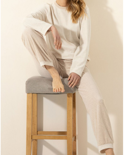 Pyjama Velours coton Le Chat Pilate (Beige chiné/Ecru)