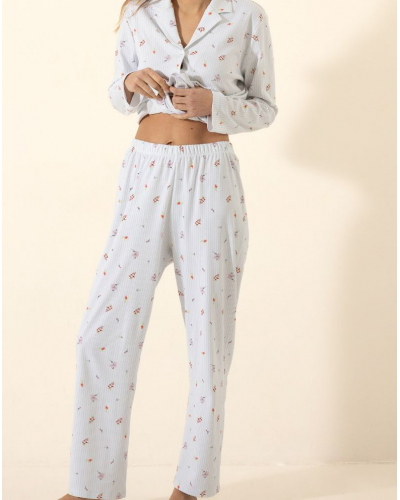 Buttoned Pyjamas 100% Cotton Interlock Le Chat Songe (Ciel)