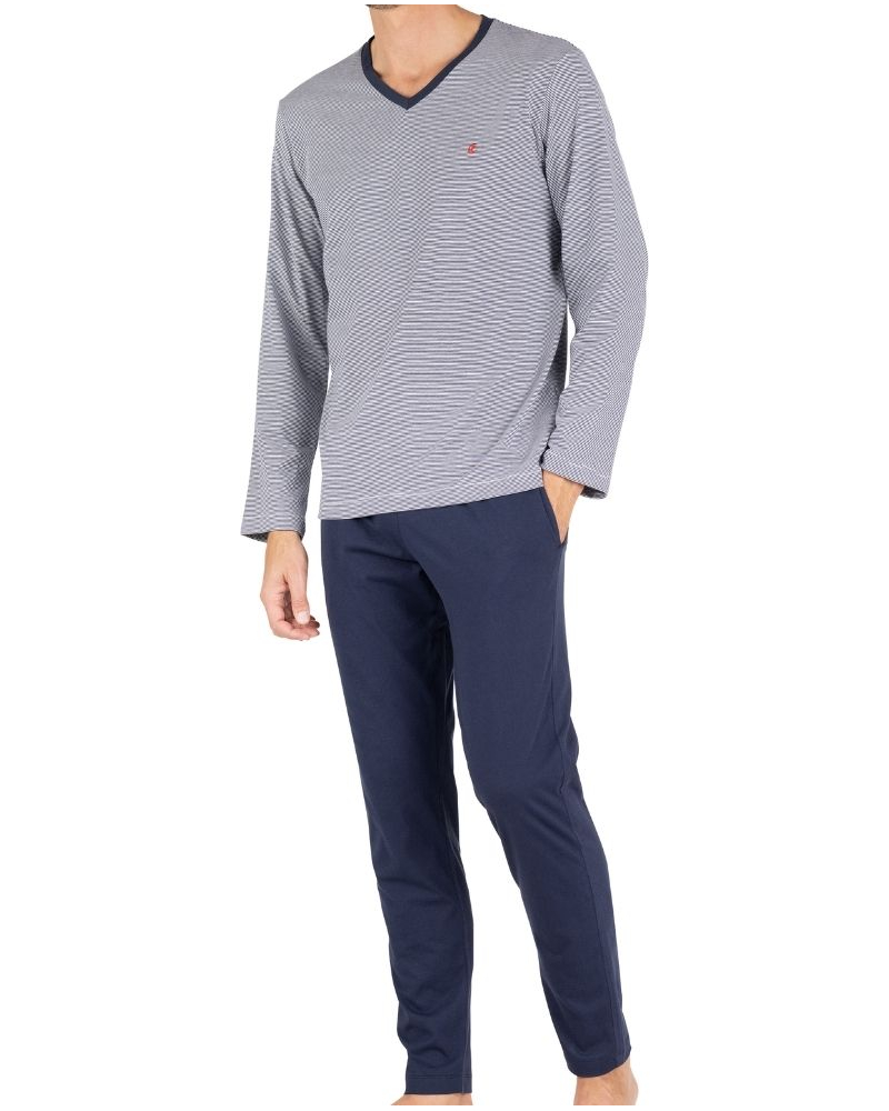 V-neck long pyjama 100% cotton Eminence L'Intemporel (Marinière/Marine)