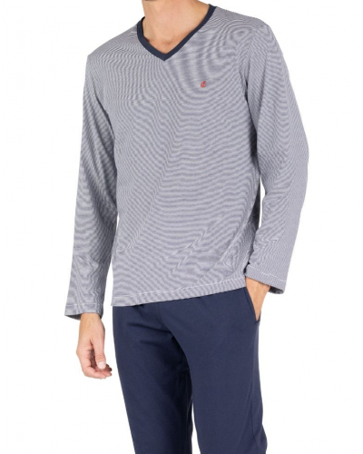 Pyjama long col V 100% coton Eminence L'Intemporel (Marinière/Marine)