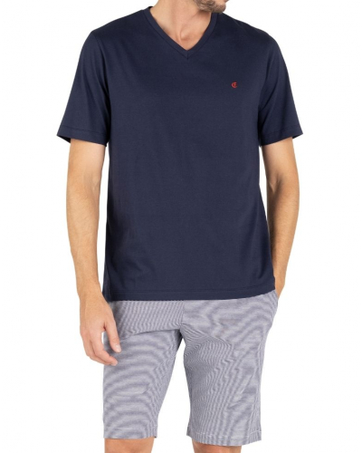 Pyjama court 100% coton col V Eminence L'Intemporel (Marine/Marinière)