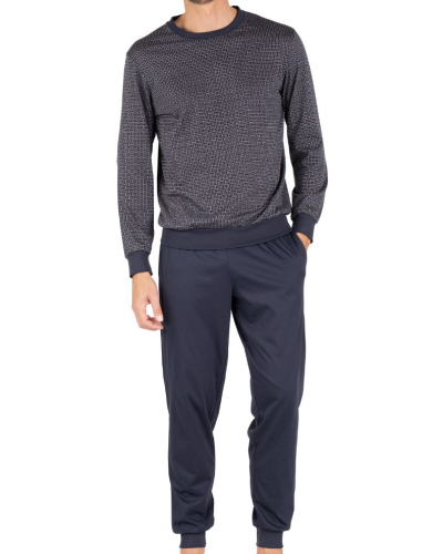 Pyjama long 100% coton Eminence Mercerisé (Marine/Imprimé Cloison)
