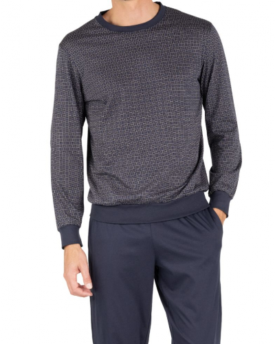 Pyjama long 100% coton Eminence Mercerisé (Marine/Imprimé Cloison)