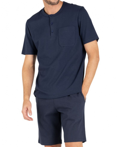 Short pyjama 100% cotton Eminence Interlock (Marine/Rayures Camel)