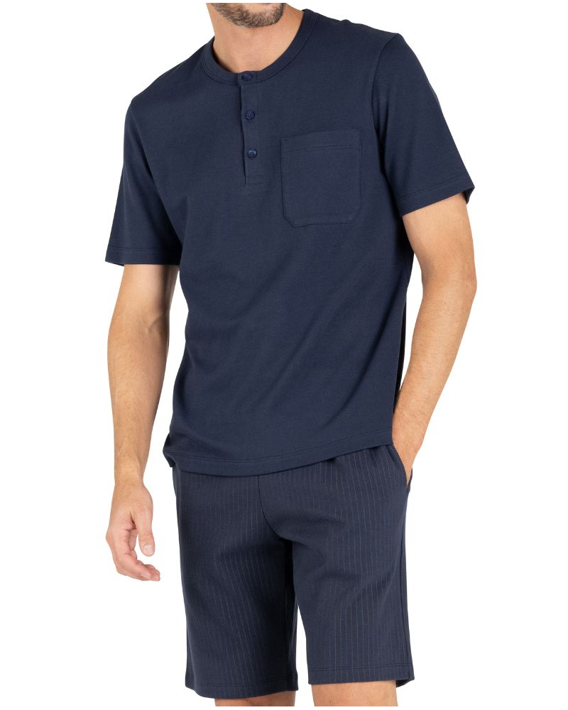 Short pyjama 100% cotton Eminence Interlock (Marine/Rayures Camel)