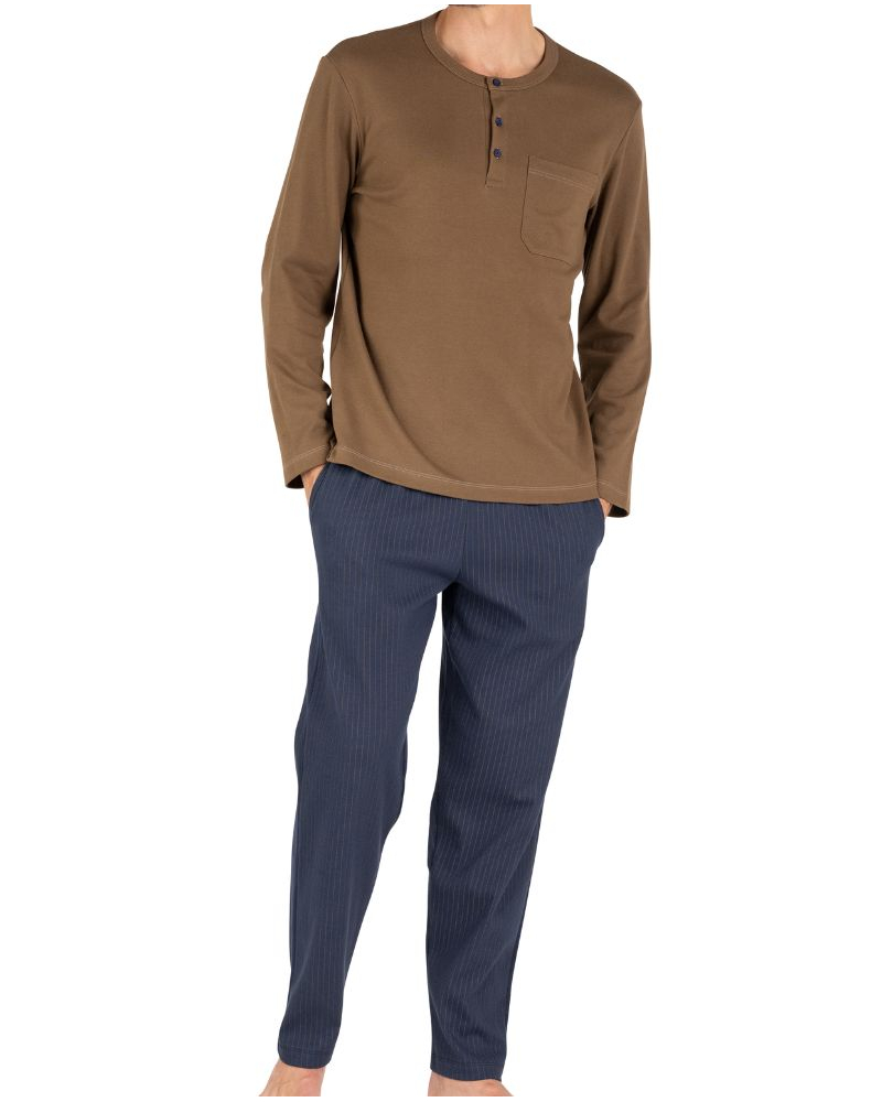 Pyjama long 100% coton Eminence Interlock (Camel/Marine)