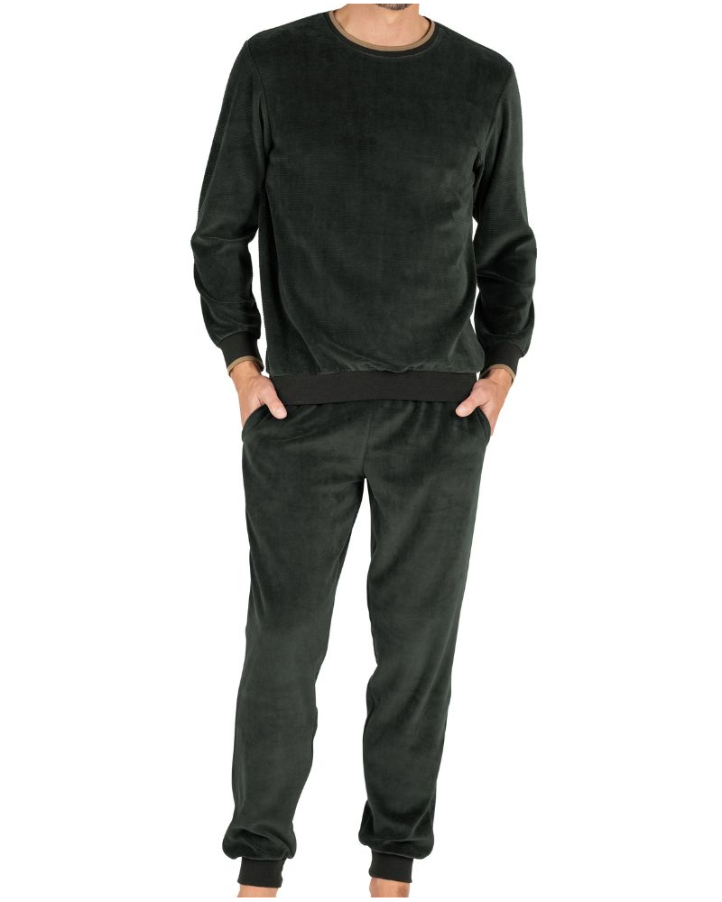 Pyjama long jogger en coton Eminence Velours (Vert Foncé)