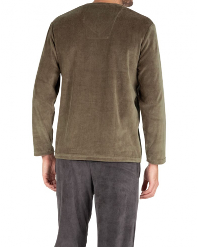 V-neck long cotton pyjama Eminence Velours (Vert/Rayures Marron)