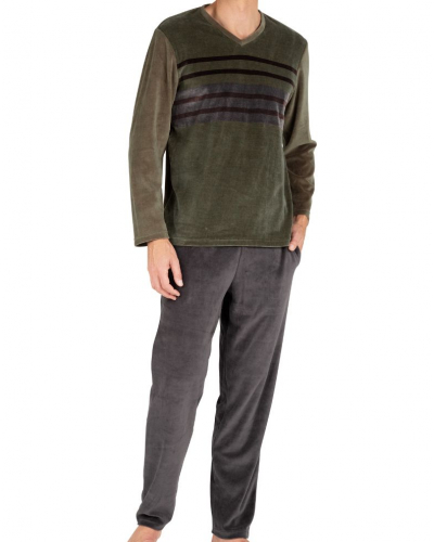 V-neck long cotton pyjama Eminence Velours (Vert/Rayures Marron)