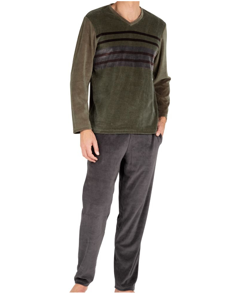 Pyjama long col V en coton Eminence Velours (Vert/Rayures Marron)