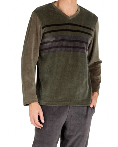 V-neck long cotton pyjama Eminence Velours (Vert/Rayures Marron)