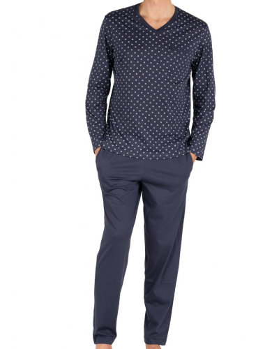 V-neck long pyjama 100% mercerized cotton Eminence Heritage (Marine)