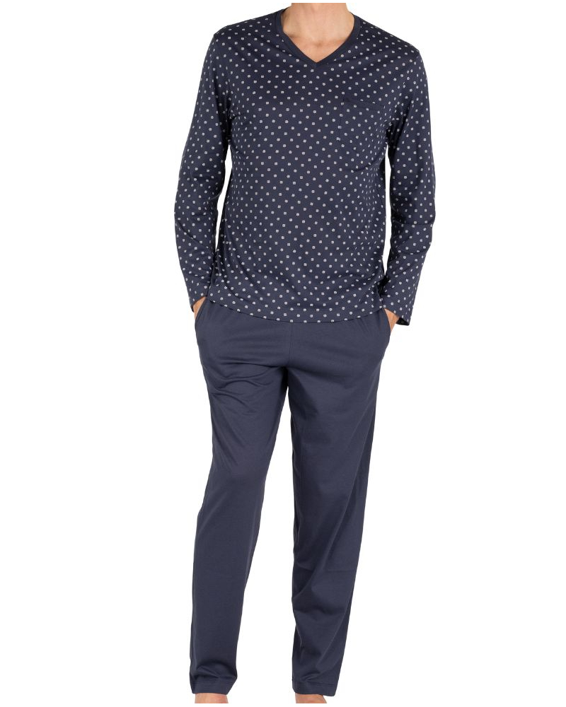 V-neck long pyjama 100% mercerized cotton Eminence Heritage (Marine)