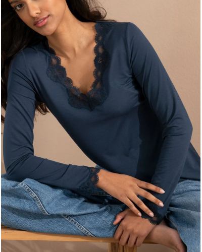 Camiseta mangas largas cuello en V Antigel Simply Perfect (Bleu Sarcelle)