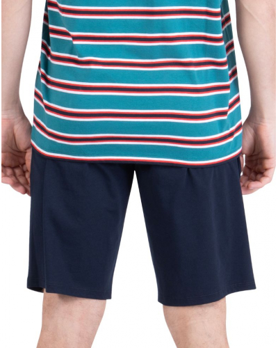 Pyjama court 100% coton Athena Rayures Aventures (Vert canard/Marine)